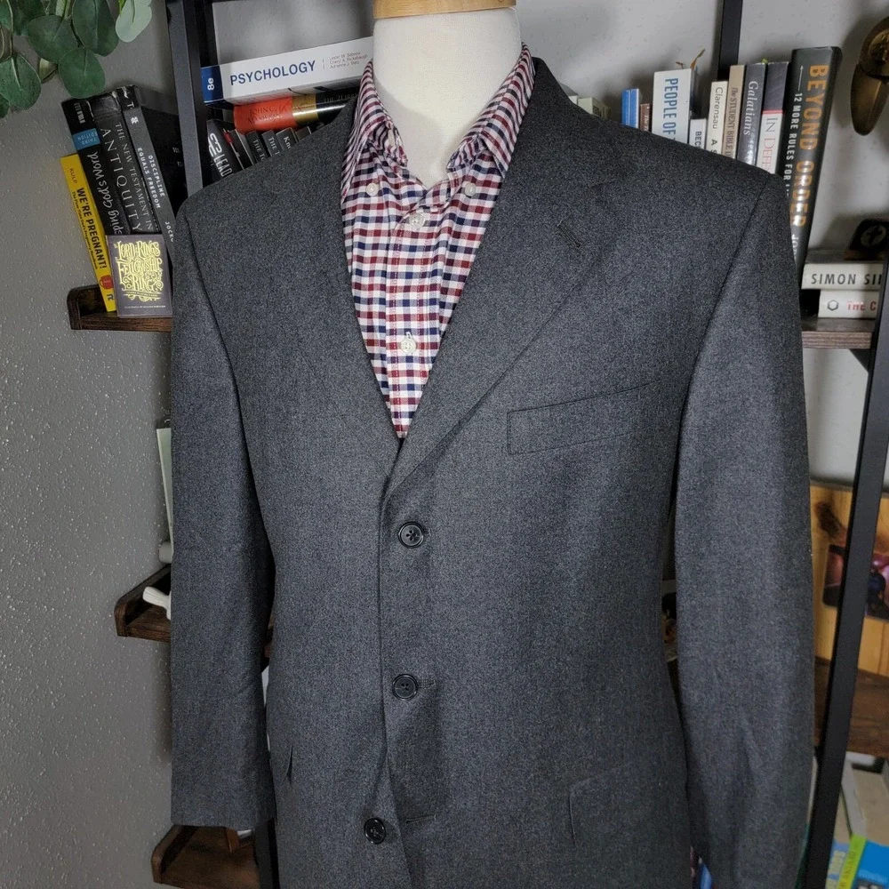 Hart Schaffner‎ Marx Men's Flannel Sport Coat Blazer Three Button Gray Wool 42R